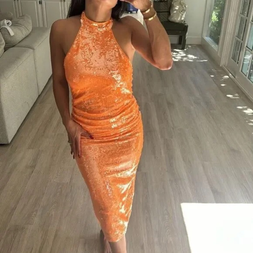 REVOLVE Orange Sequin Halter Dress - Picture 2 of 3